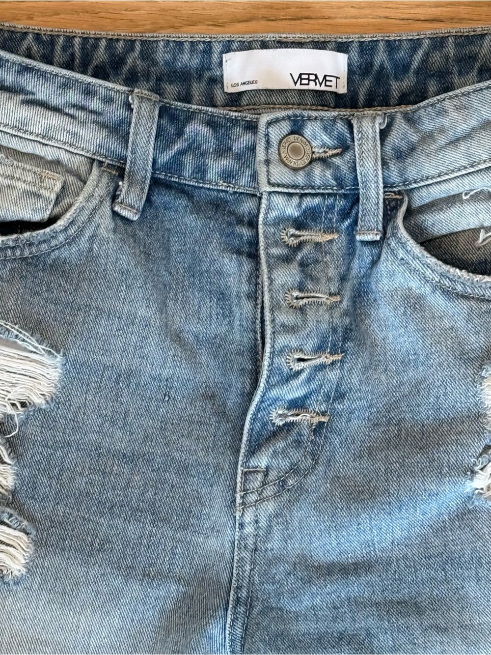 Women's Light Blue Distressed High-Rise Button Jeans Straight Leg - Picture 6 of 7